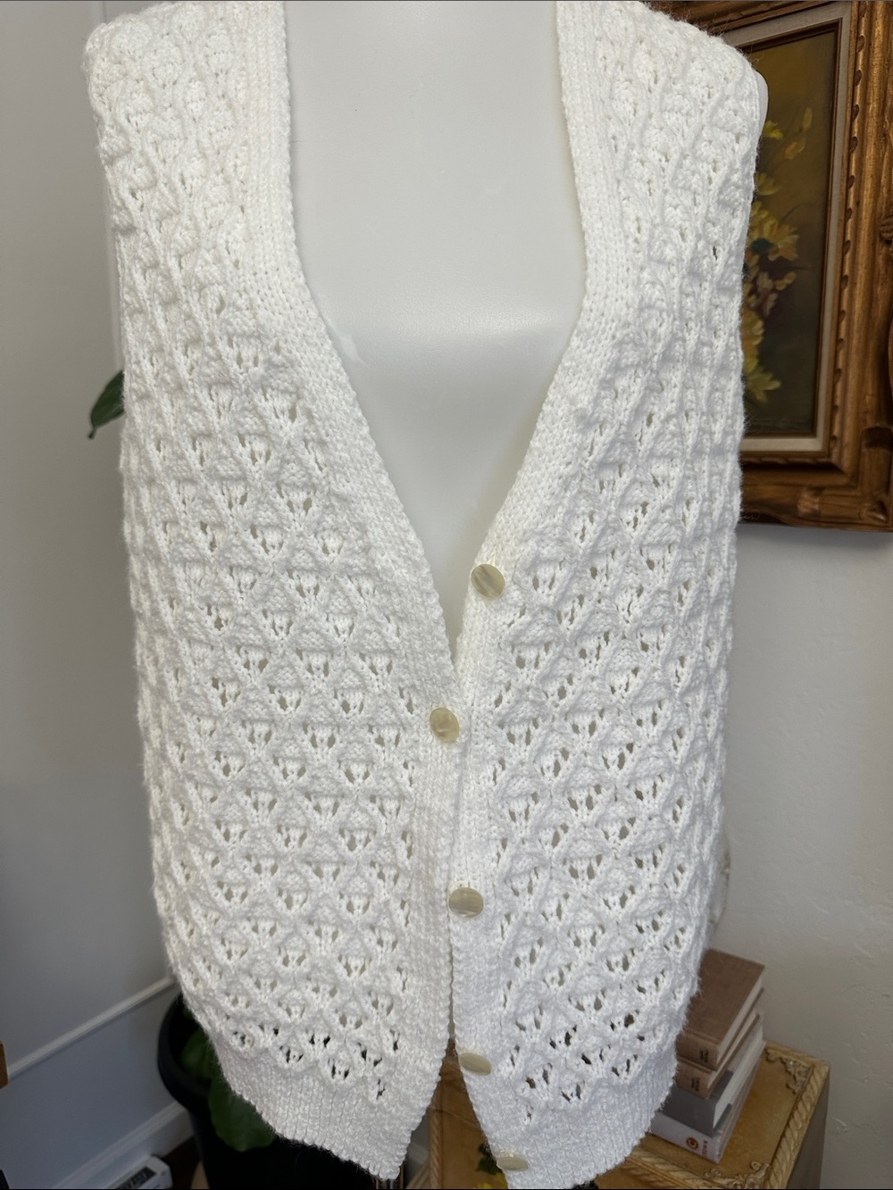 Classic White Hand Knit Button-Front Women's Sweater Vest